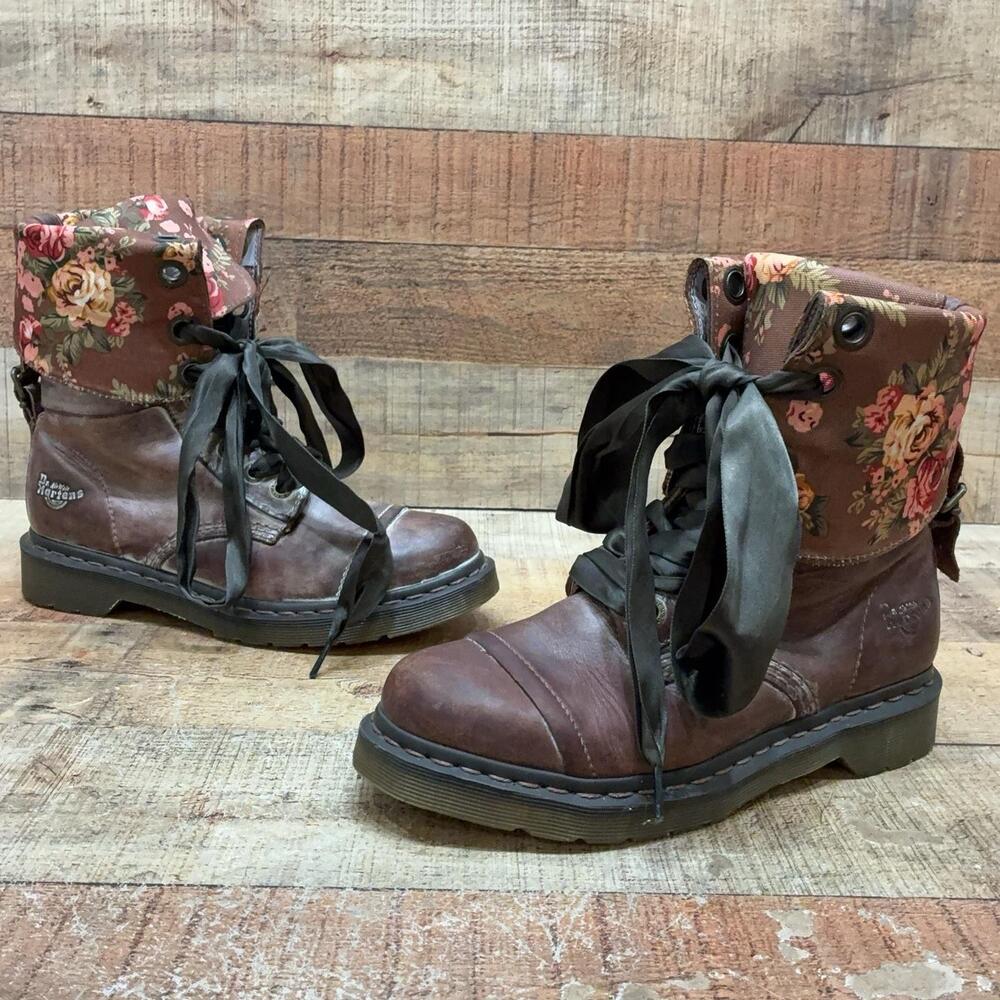Dr. Martens Boots Womens Size 8 39 Brown Leather Floral Ankle Combat Lace Up